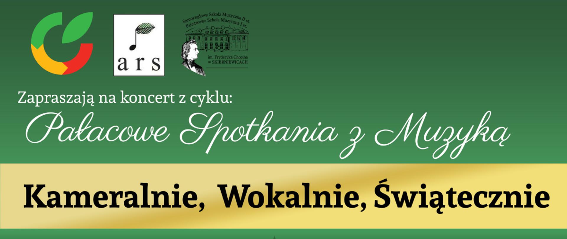 Zdjęcie w formacie jpg na zielonym tle, w lewym górnym rogu trzy loga : miasta Skierniewice, Stowarzyszenia ARS czary napis na białym tle, oraz logo szkoły muzycznej przedstawiające grafikę budynku szkoły muzycznej w Skierniewicach