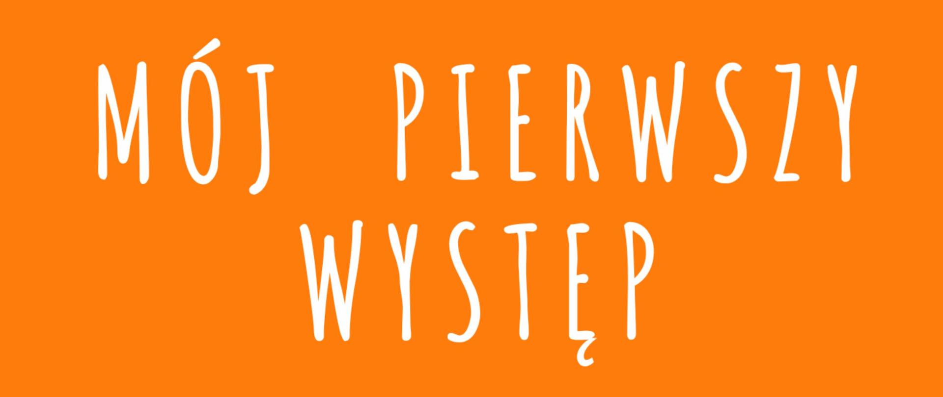 Plakat na pomarańczowym tle. W dolnej jego części znajduje się grafika przedstawiająca biało - granatową klawiaturę od fortepianu. Na plakacie znajduje się napis: "Sekcja instrumentów klawiszowych zaprasza na koncert uczniów klas pierwszych Mój Pierwszy Występ - 2.02.2026 godz. 17:00 sala kameralna".