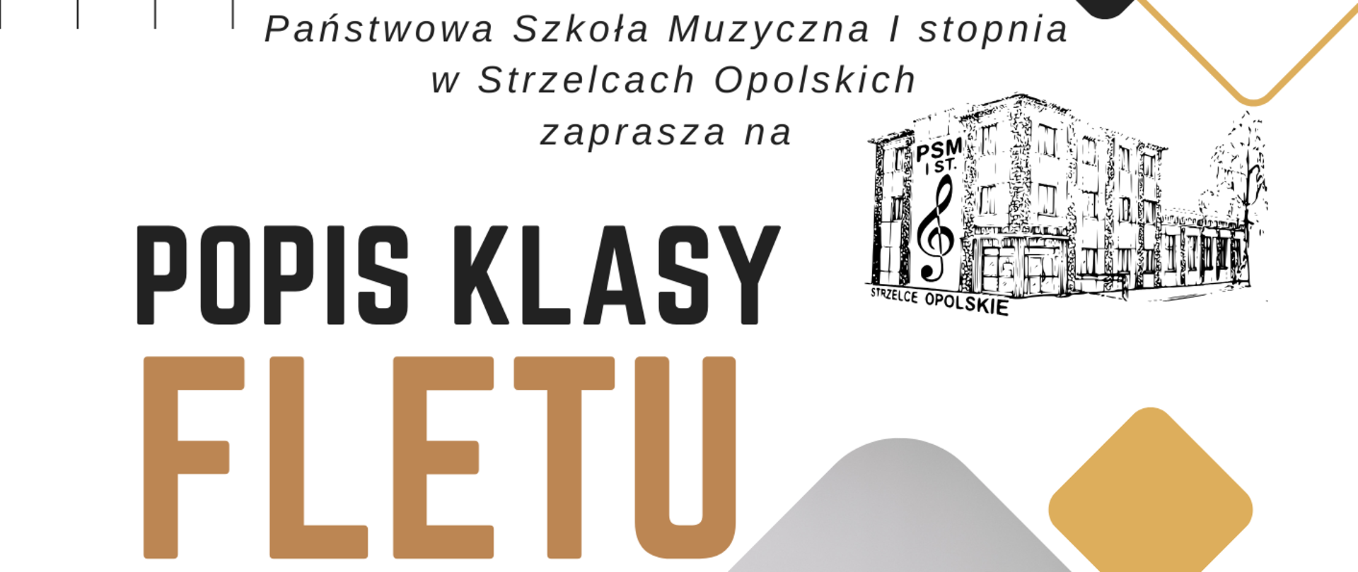 Białe tło, grafika, uczeń grający na flecie, 30 października w sali koncertowej