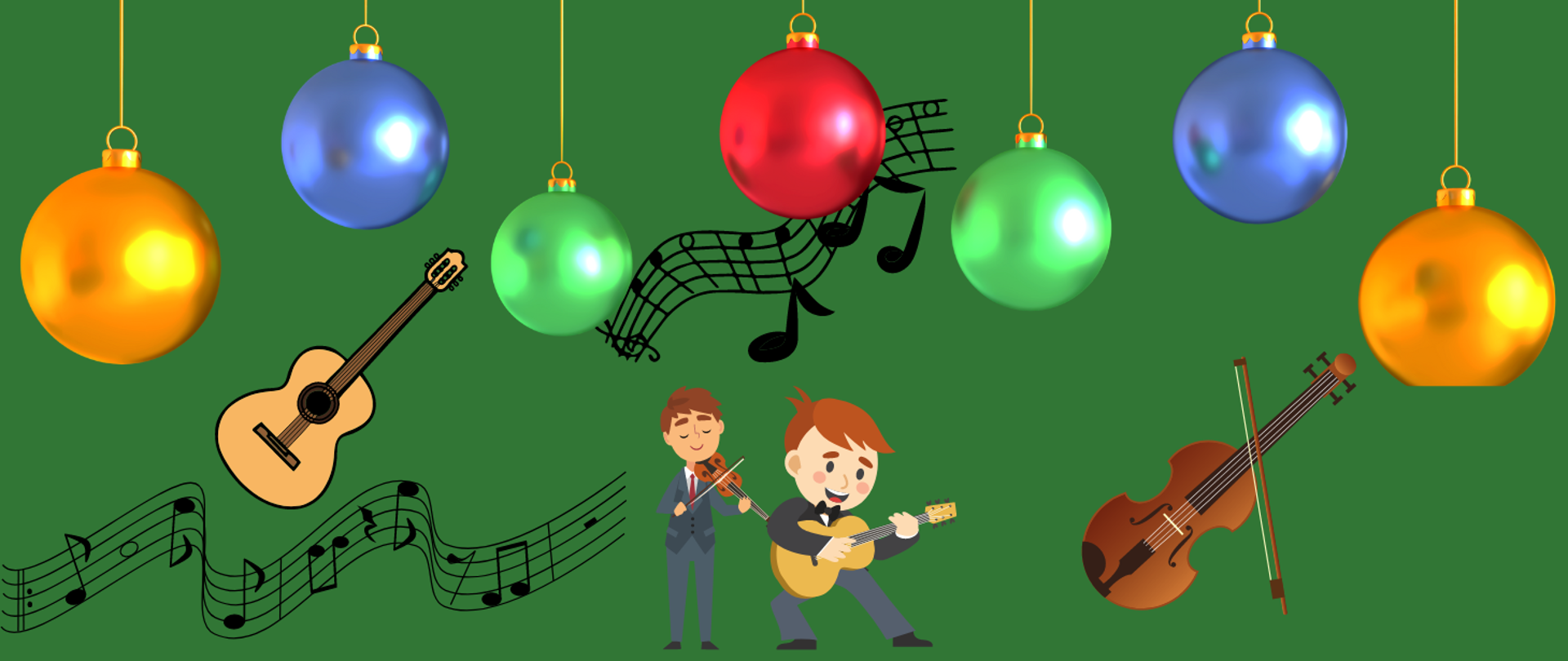 Grafika przedstawiająca instrumenty gitarę i skrzypce na zielony tle, w górze kolorowe bombki, czarna pięciolinia z nutkami.