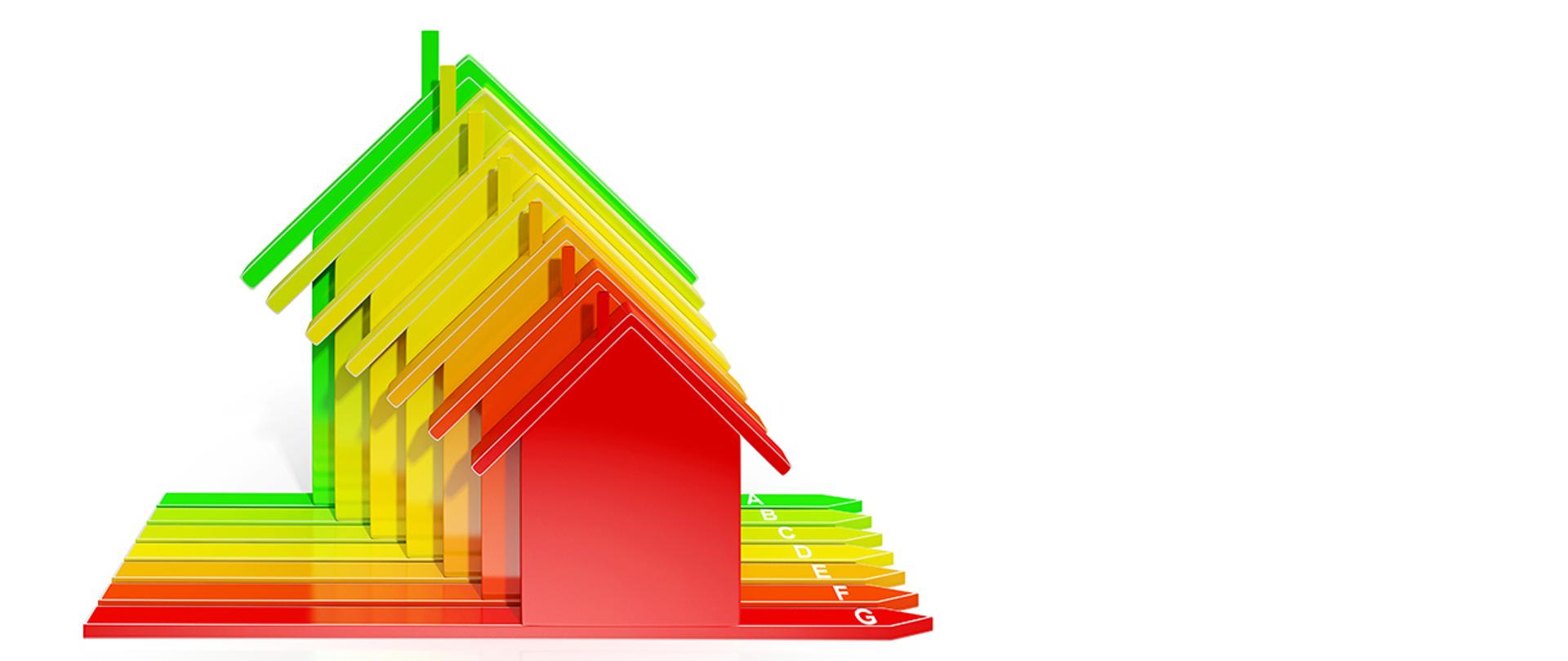 Grafika przedstawiająca domki na białym tle ilustrujące efektywność energetyczną (od A do G).