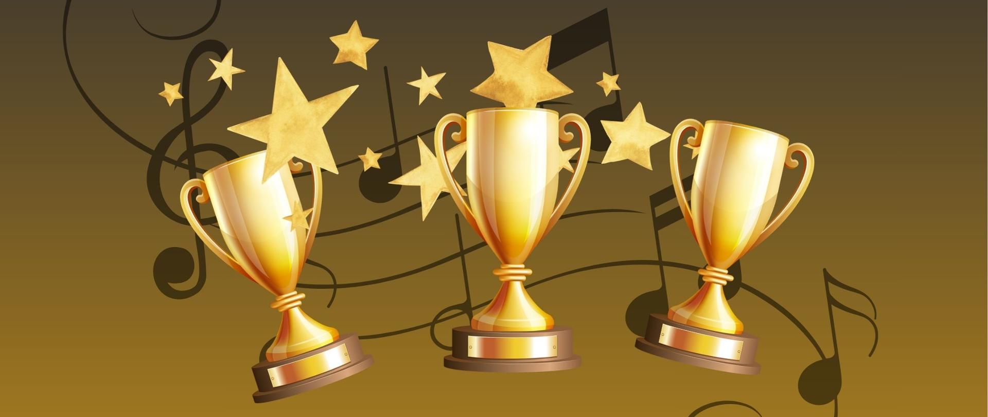 Złote puchary na zółto-szarym tle. W górnej części złote gwiazdki ! W tle za pucharem pięciolinia z nutami i kluczem wiolinowym. 