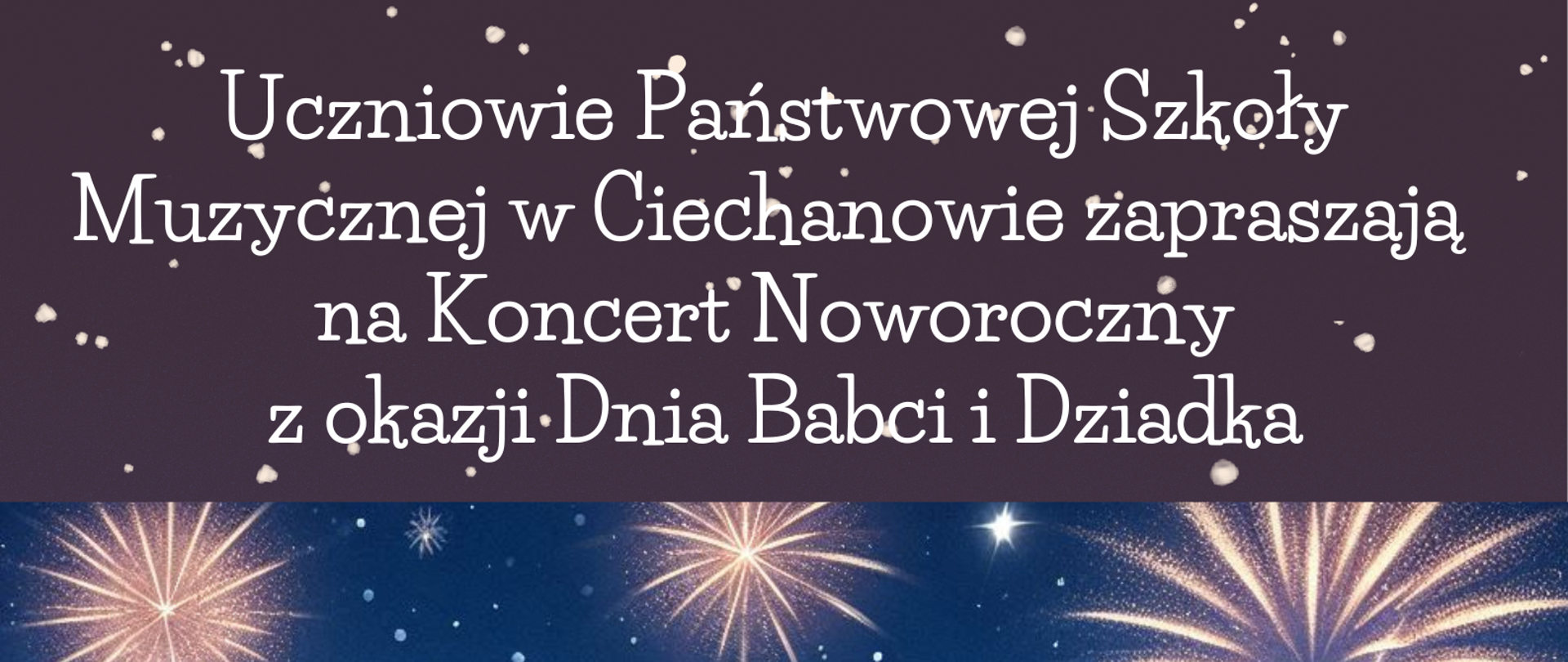 Na niebieskim tle postać babci i dziadka siedzących na śniegu patrzących w niebo. Na niebie gwiazdy. Na górze data i miejsce koncertu.