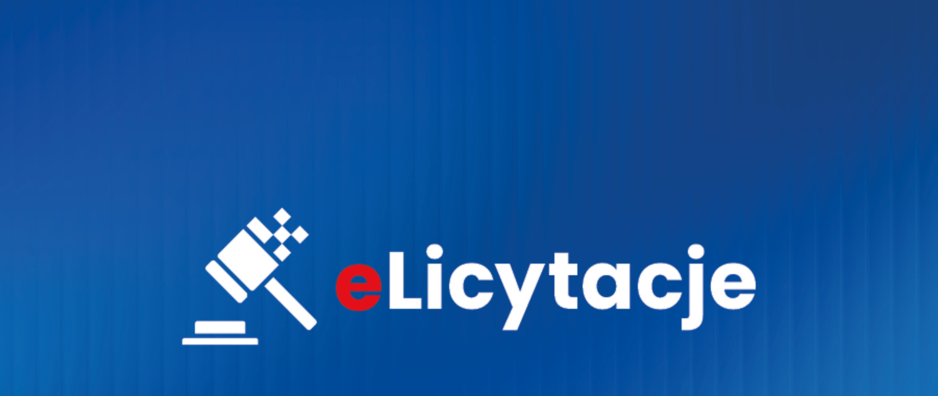 Napis eLicytacje z białą ikoną młotka aukcyjnego po lewej stronie. 