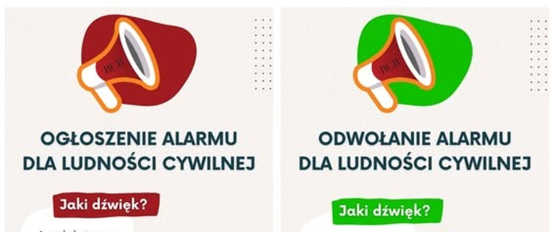 Grafika informacyjna RCB o sygnałach alarmowych:
Ogłoszenie alarmu – modulowany dźwięk syreny przez 3 minuty, żółty trójkąt, komunikat słowny: „Uwaga! Ogłaszam alarm…”.
Odwołanie alarmu – ciągły dźwięk syreny przez 3 minuty, komunikat słowny: „Uwaga! Odwołuję alarm…”.