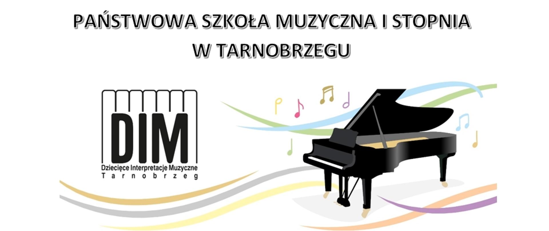 Plakat Konkursu Fortepianowego "Dziecięce Interpretacje Muzyczne", który odbędzie się 9 kwietnia 2024 r. Na górze po lewej stronie znajduję się logo konkursu w postaci klawiatury i skrótu "DIM". Po prawej stronie na górze widnieje czarny fortepian z różnokolorowymi nutami w tle.
