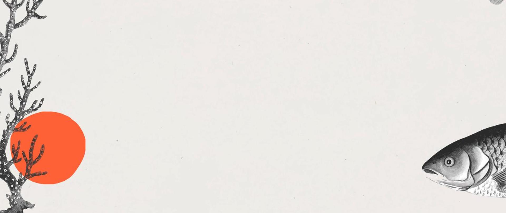 w szarym prostokącie po prawej stronie ryba, z lewej strony wodna roślinka z pomarańczowym kołem 