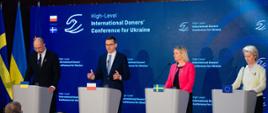 Prime Minister Mateusz Morawiecki, Prime Minister of Ukraine Denys Szmyhal, President of the European Commission Ursula von der Leyen and Prime Minister of Sweden Magdalena Andersson during the International Conference of Donors for Ukraine