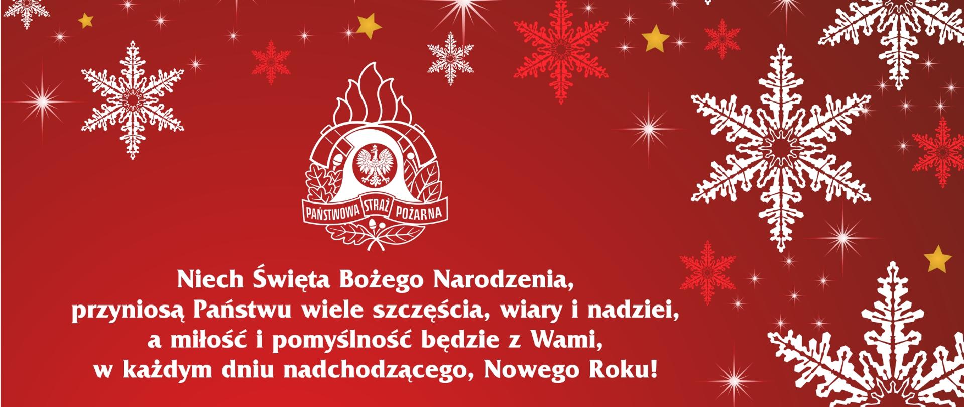 Karta świąteczna koloru czerwonego z motywem kolorowych gwiazdek a na niej napis: Niech Święta Bożego Narodzenia, przyniosą Państwu wiele szczęścia, wiary i nadziei, a miłość i pomyślność będzie z Wami, w każdym dniu nadchodzącego, Nowego Roku! W imieniu strażaków i pracowników Komendy Powiatowej Państwowej Straży Pożarnej w Radomsku życzenia śle Komendant Powiatowy brygadier magister inżynier Mariusz Wojcieszko