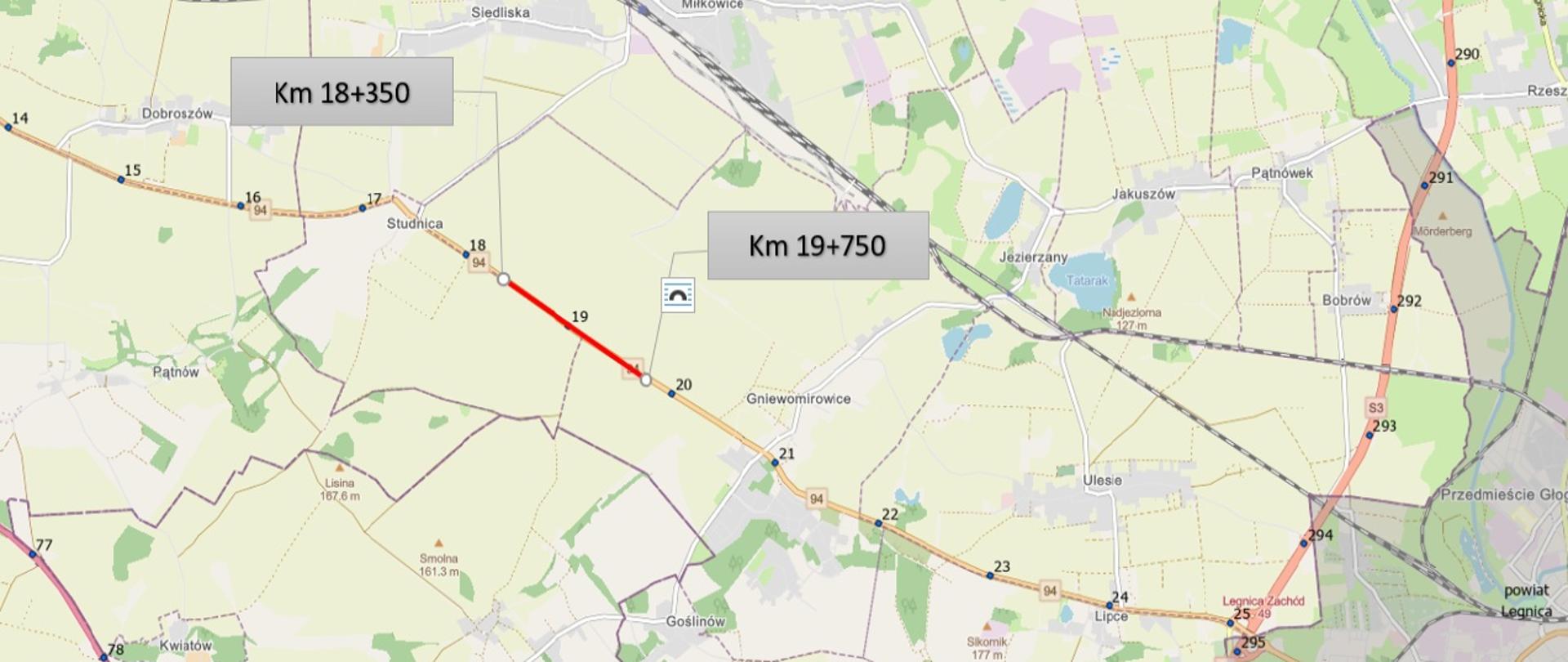 na zdjęciu jest mapa z mapa DK94 i zaznaczonym odcinkiem drogi pomiędzy Studnicą a Gniewmirowicami