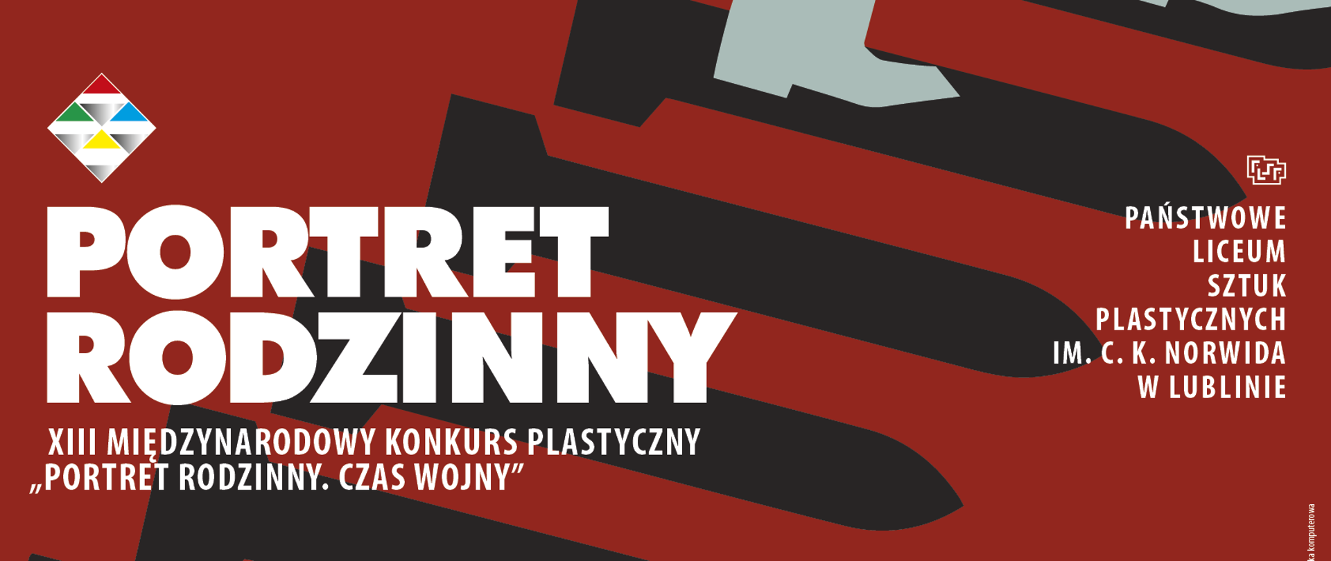 Plakat z logo i nazwą konkursu. Dodatkowy tekst: Otwarcie wystawy 23 maja 2023 – godz. 12. Tłem plakatu jest praca uczestniczki konkursu, przedstawiająca, w prostej, trzykolorowej formie graficznej, nogi (szarość) kroczące po bombach (czarnych), na czerwonym tle.