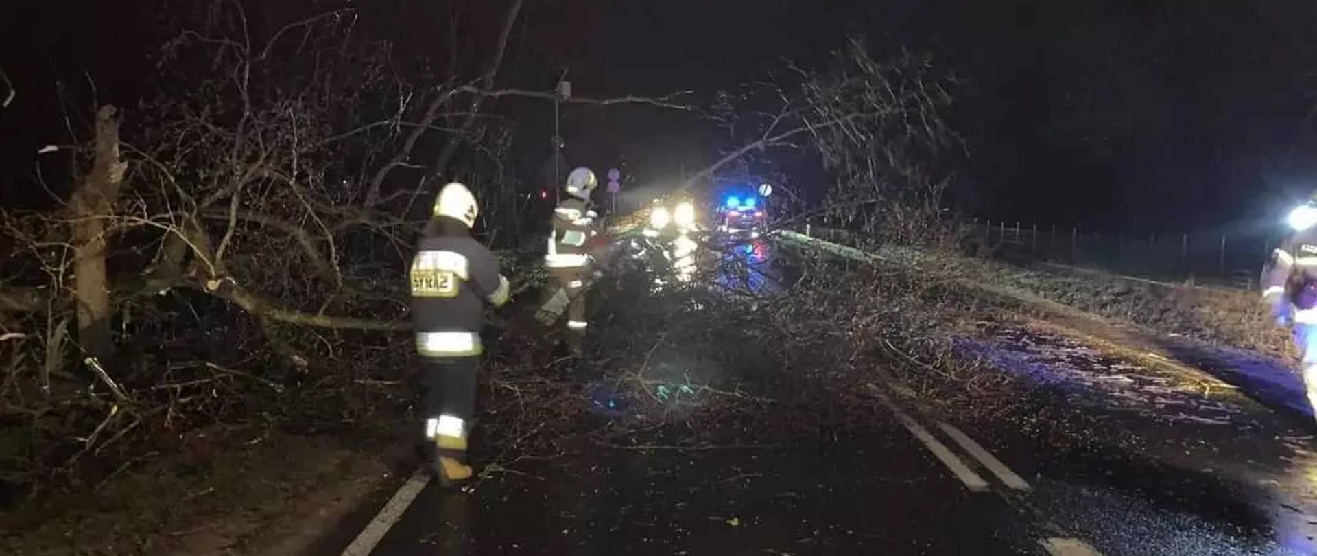 Strażacy usuwają powalone drzewo na drodze