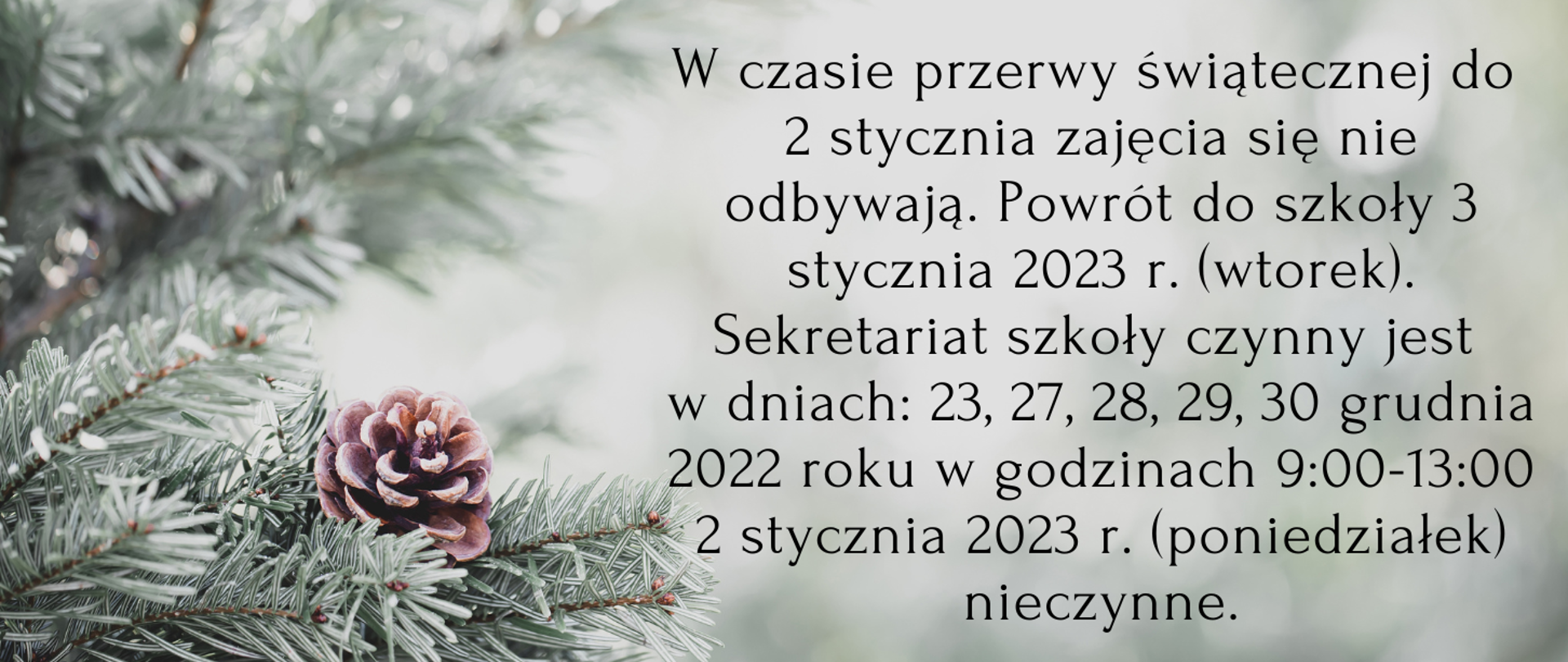 Plakat świąteczny na jasnym tle, z grafiką fragmentu choinki po lewej stronie z tekstem " W czasie przerwy świątecznej do
2 stycznia zajęcia się nie odbywają. Powrót do szkoły 3 stycznia 2023 r. (wtorek).
Sekretariat szkoły czynny jest
w dniach: 23, 27, 28, 29, 30 grudnia 2022 roku w godzinach 9:00-13:00
2 stycznia 2023 r. (poniedziałek) nieczynne."