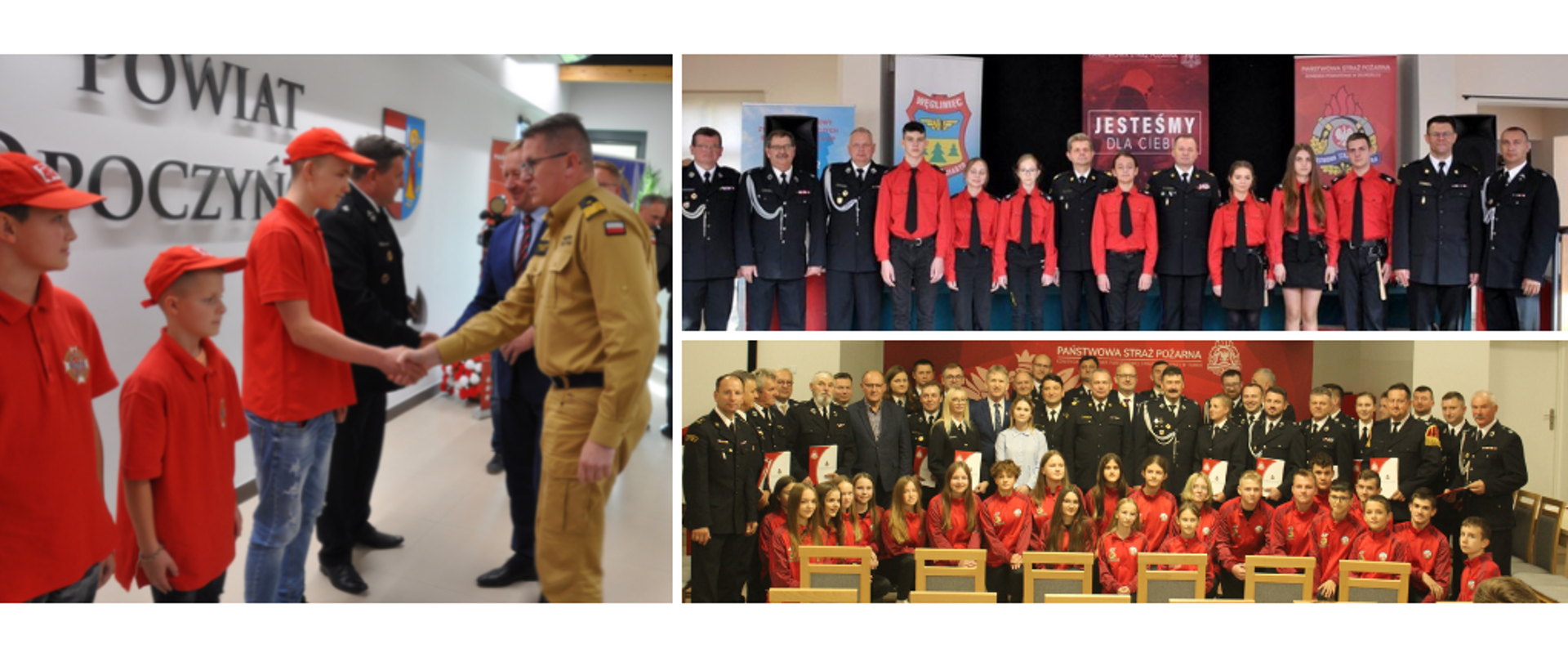 Kolaż 3 zdjęć, na których znajdują się zastępcy komendanta głównego wraz z członkami MDP podczas uroczystości wręczania promes