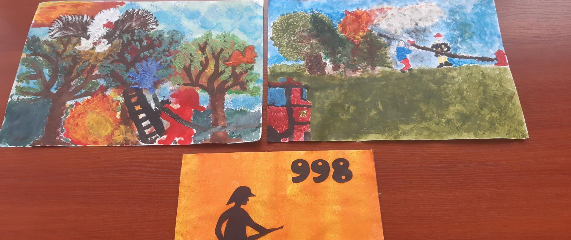 Na zdjęciu 3 prace przesłane na konkurs, na zdjęciach widać strażaków podczas działań. 