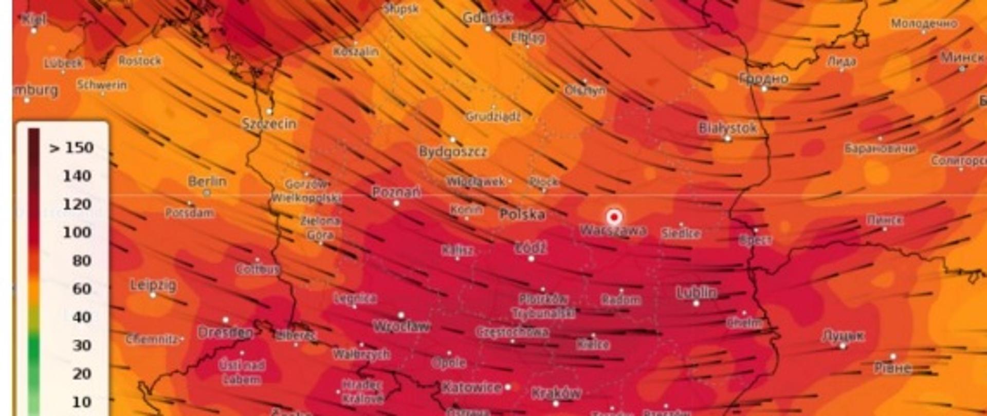 Zdjęcie przedstawia mapę Polski z naniesioną sytuacją pogodową