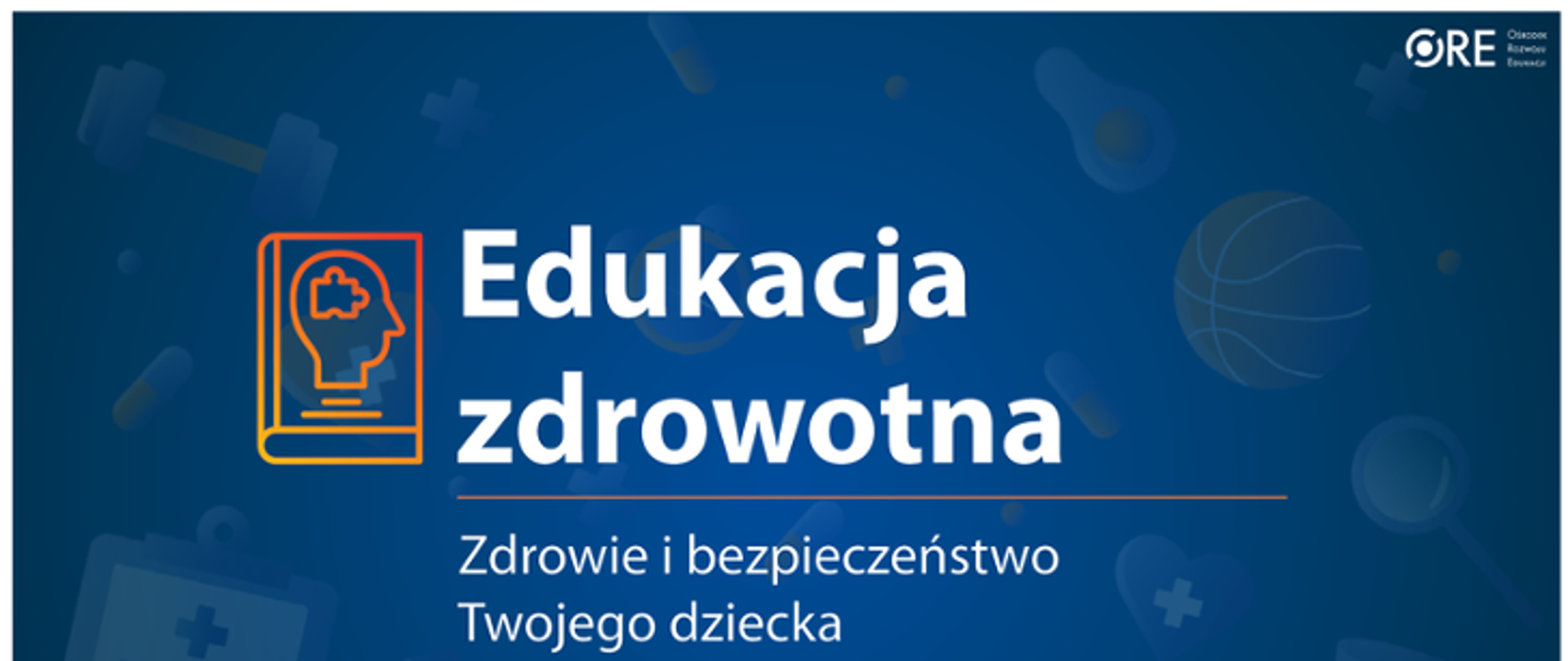 Biały tekst na granatowym tle, ikona książki 