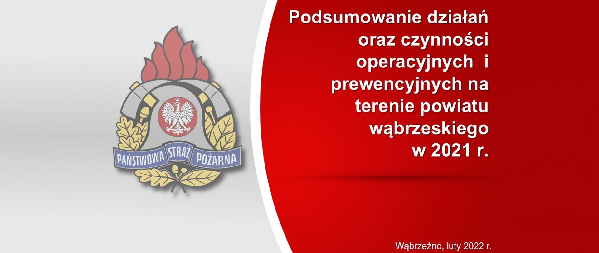 Na zdjęciu umieszczony jest pierwszy slajd prezentacji na temat: „Podsumowanie działań oraz czynności operacyjnych i prewencyjnych na terenie powiatu wąbrzeskiego w 2021 roku.”