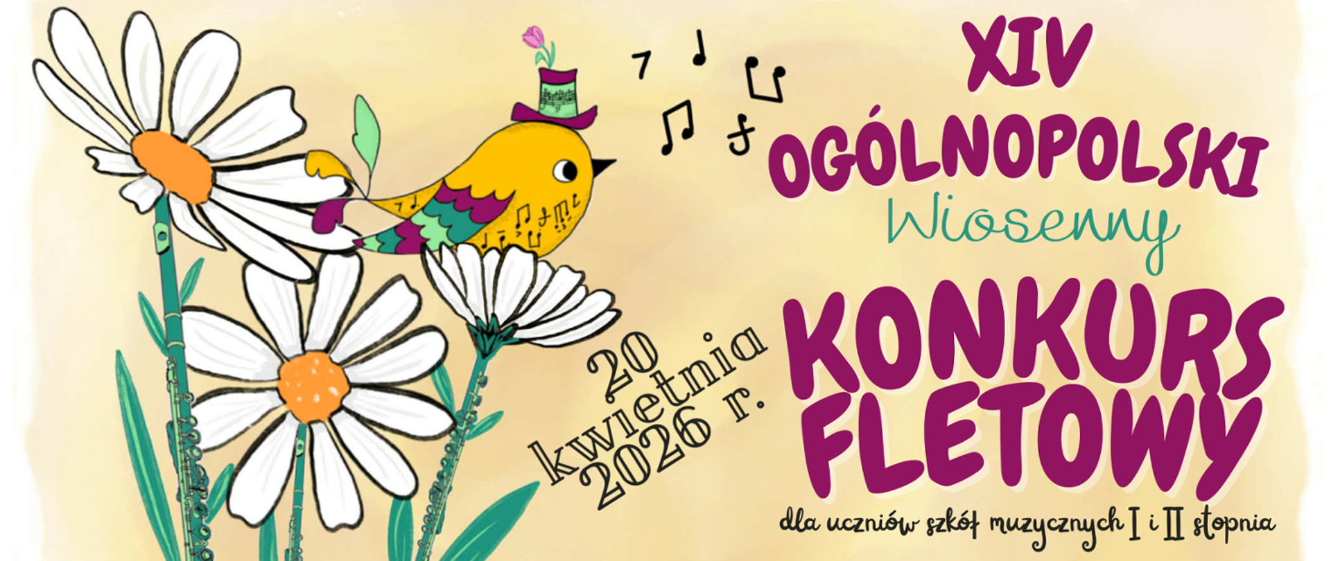 Na żółtym tle, po lewej stronie symbole kwiatów razem ze kolorowym ptakiem, obok symbole nu, po prawej stronie informacje o konkursie. 