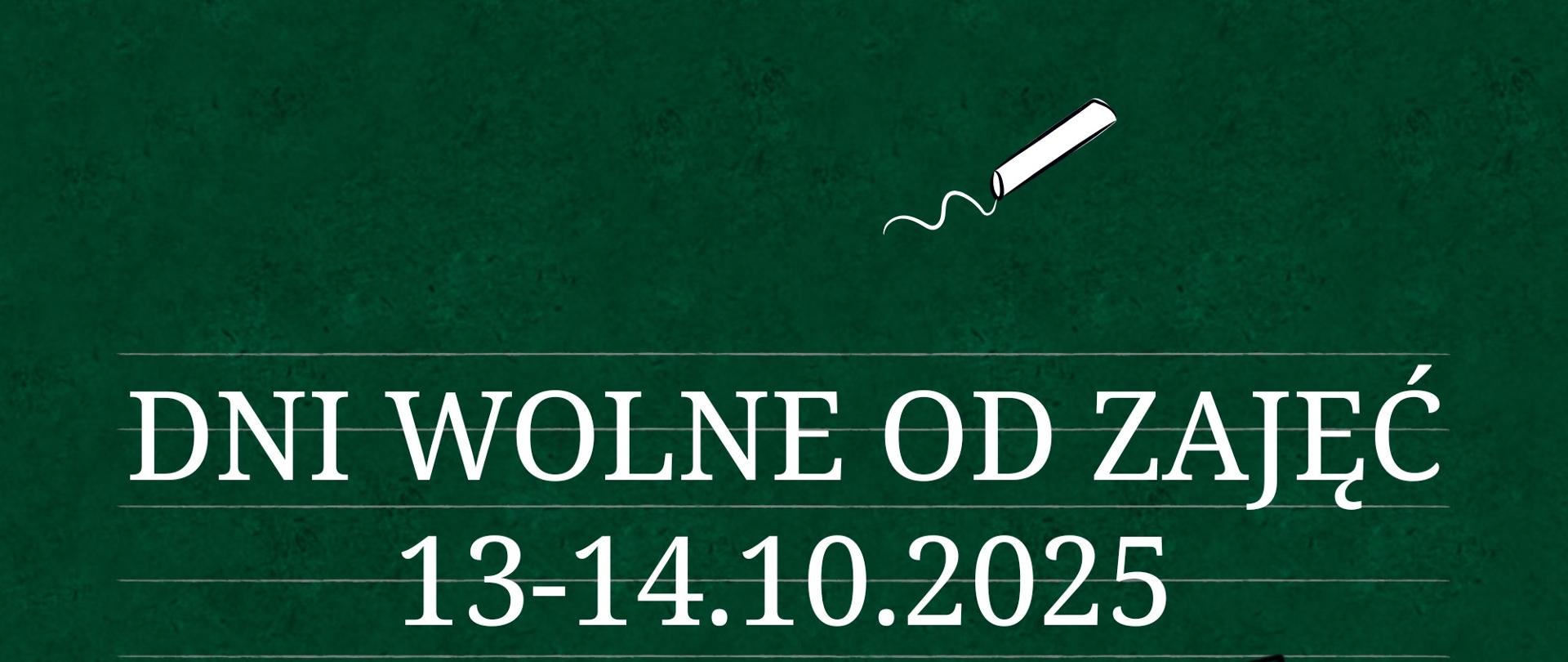 zielona tablica szkolna zawiera białe napisy informujące o wolnych dniach w szkole, poniżej czarne nutki z kluczem wiolinowym oraz po prawej kredy biała, różowa, gąbka