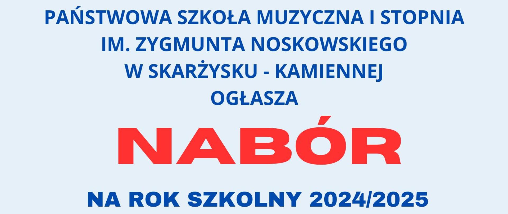 Informacja o naborze do szkoły muzycznej, postaci dzieci na niebieskim tle