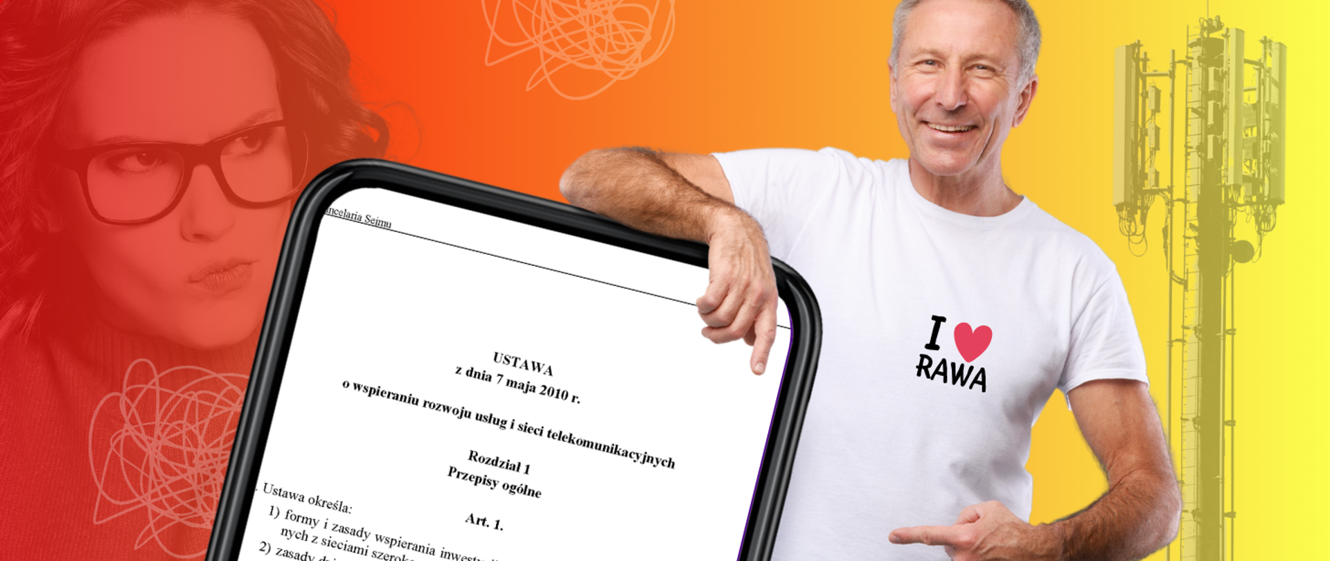 Mężczyzna w białej koszulce z logo "I love Rawa" wskazuje palcem na ekran ogromnego smartfona, gdzie wyświetlany jest tekst ustawy.