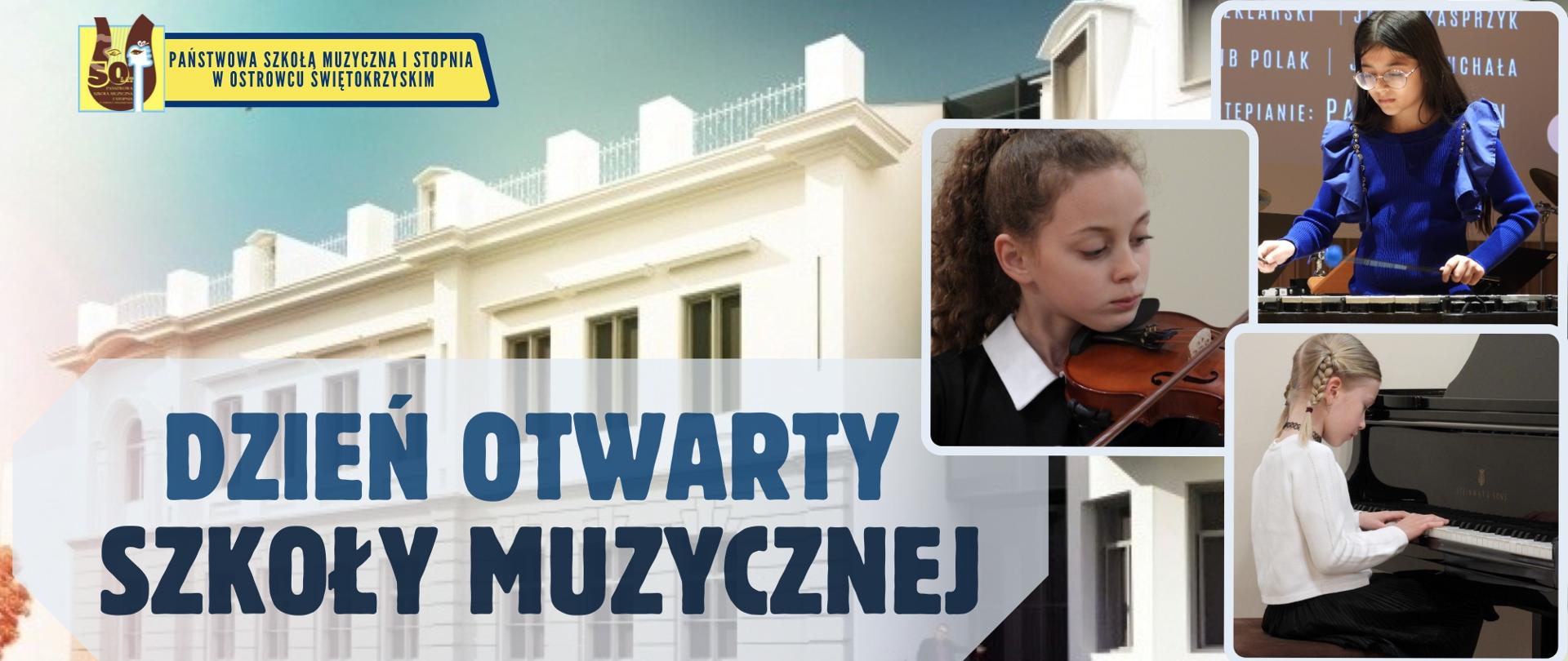 budynek szkoły, zdjęcia grających dzieci na instrumentach, napisy w kolorze niebieskim z logo szkoły w kolorze brązowo-żółtym