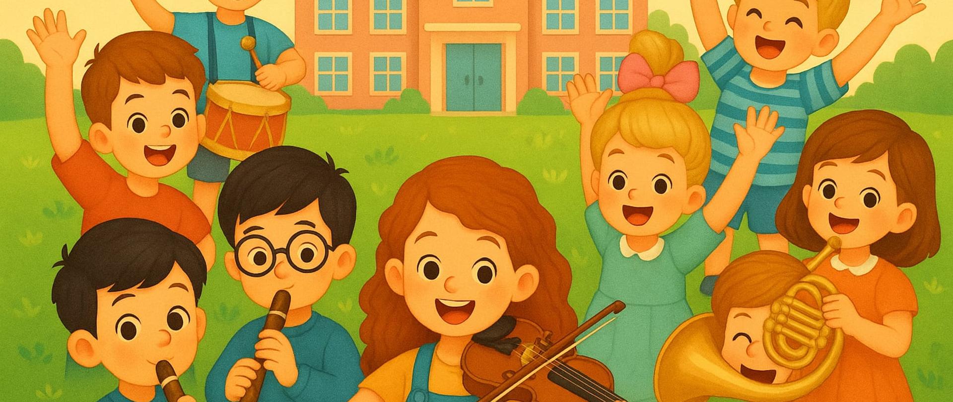 Grupa dzieci muzykujących na dziedzińcu szkolnym