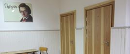 Po prawej stronie zdjęcia znajdują się dwie pary drzwi. Po lewej stronie u góry widnieje obraz z wizerunkiem Fryderyka Chopina, a pod nim stoi ławka oraz dwa krzesła.