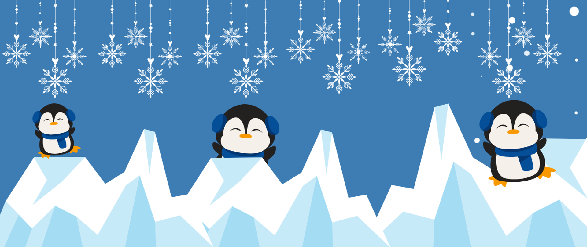 Grafika przestawia trzy pingwiny na lodzie z płatkami śniegu na granatowym tle