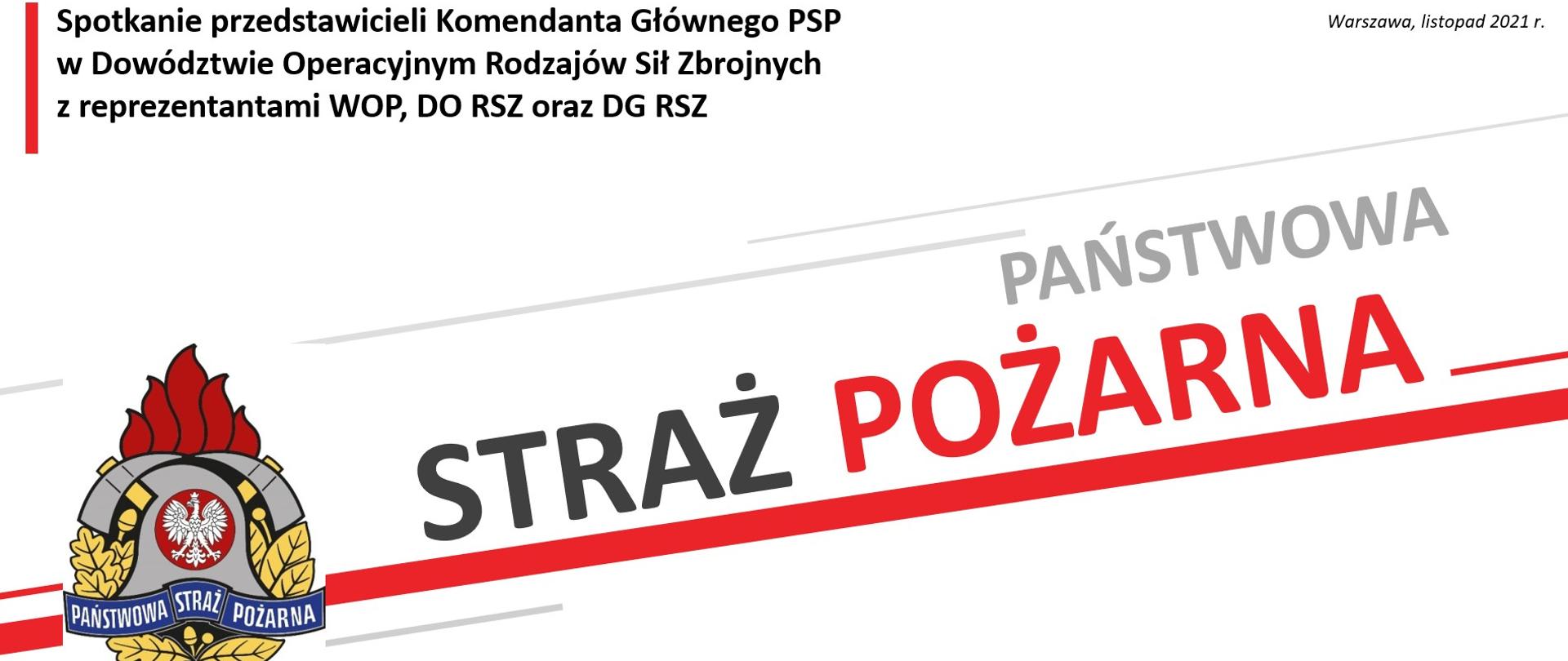 Baner z ukośnym napisem Państwowa Straż Pożarna, w lewym górnym rogu napis Spotkanie przedstawicieli Komendanta Głównego PSP w Dowództwie Operacyjnym Rodzajów Sił Zbrojnych z reprezentantami: WOP, DO RSZ oraz DG RSZ