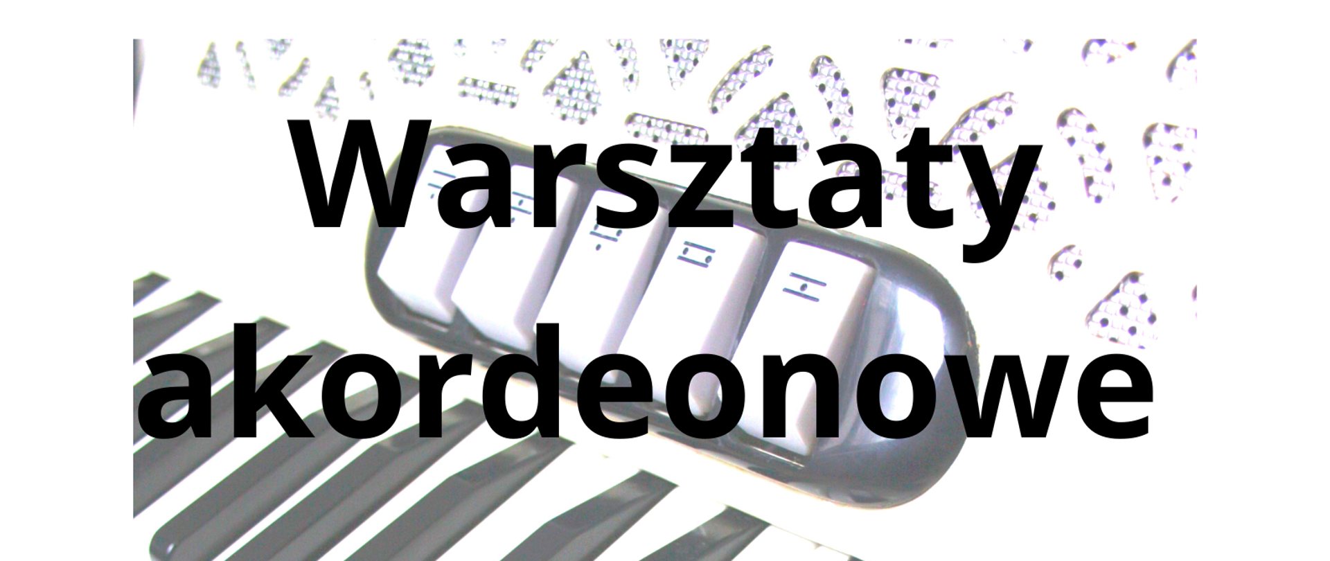 Biało-czarny plakat informujący o warsztatach akordeonowych, prowadzonych przez prof. dr hab. Pawła Palucha. W tle znajduje się zdjęcie klawiatury akordeonu klawiszowego.