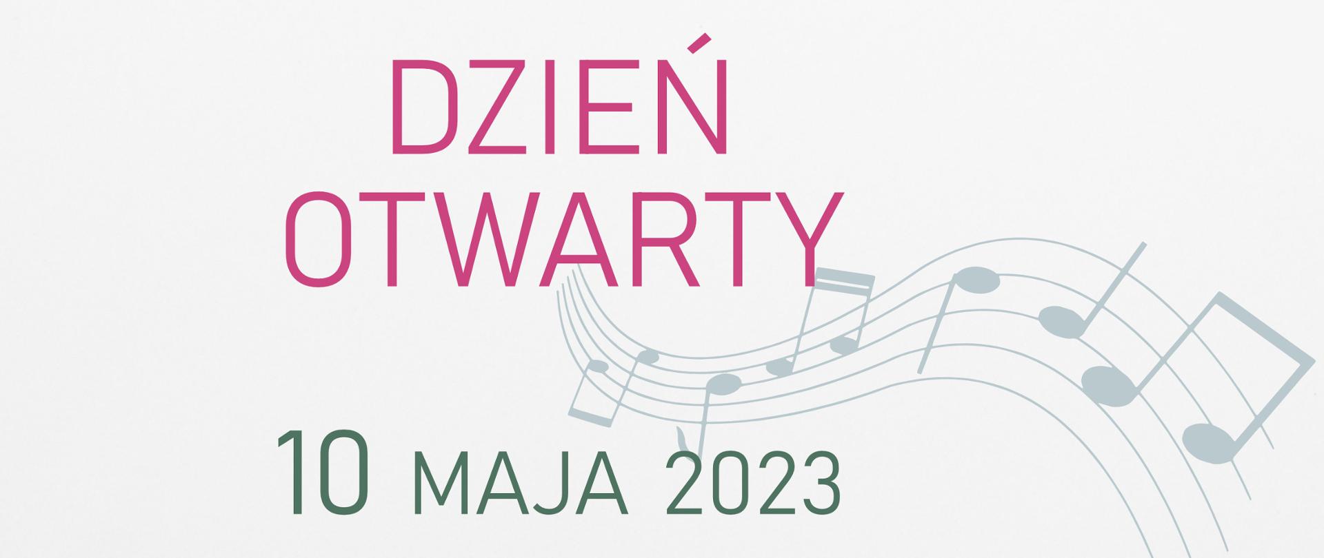 Plakat dnia otwartego. W lewym dolnym rogu czerwone i żółte tulipany. Na górze widoczna pięciolinia z nutami. Całość na jasnym tle.