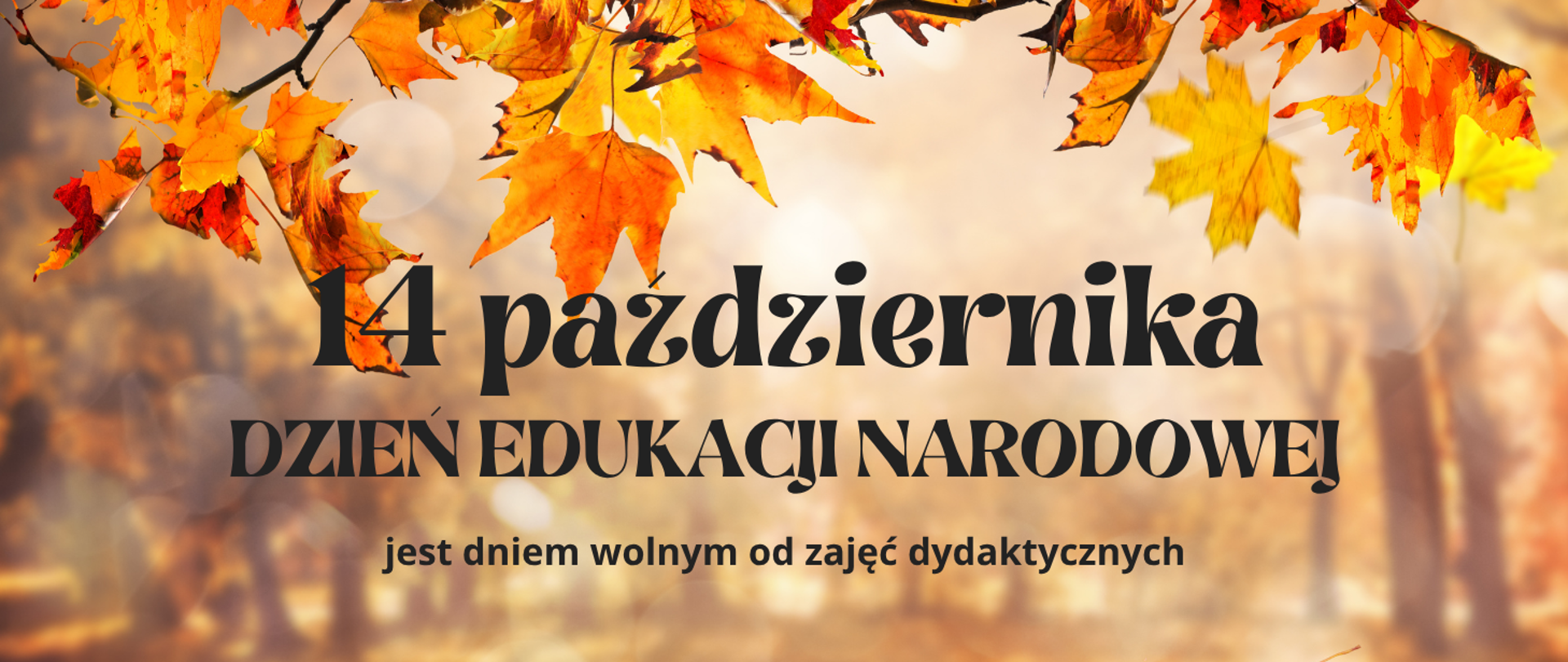 Tło obrazka to rozmyty jesienny las. W górnej części obrazka czerwono żółte liście klonu. W centralnej części czarny napis "14 października Dzień Edukacji Narodowej jest dniem wolnym od zajęć dydaktycznych".
