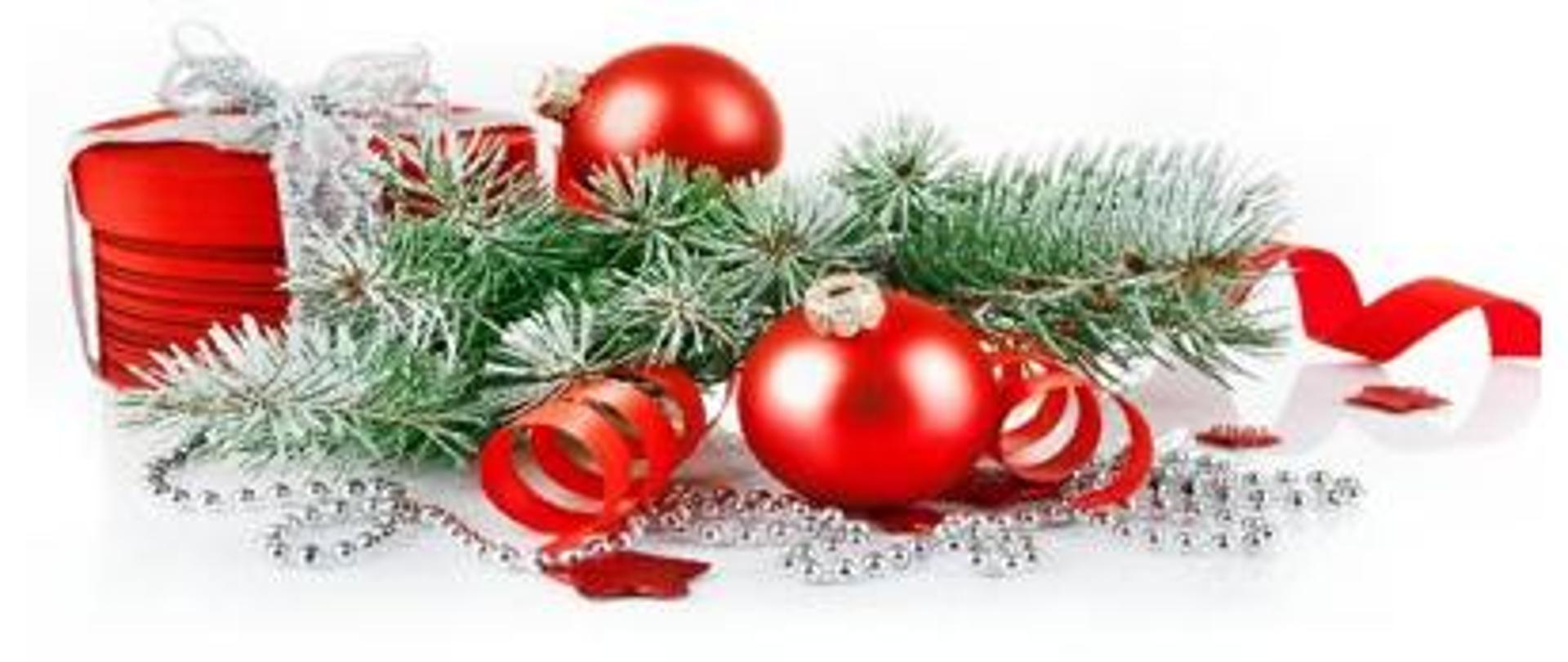 grafika przedstawia stroik świąteczny - bombki i gałązkę choinki