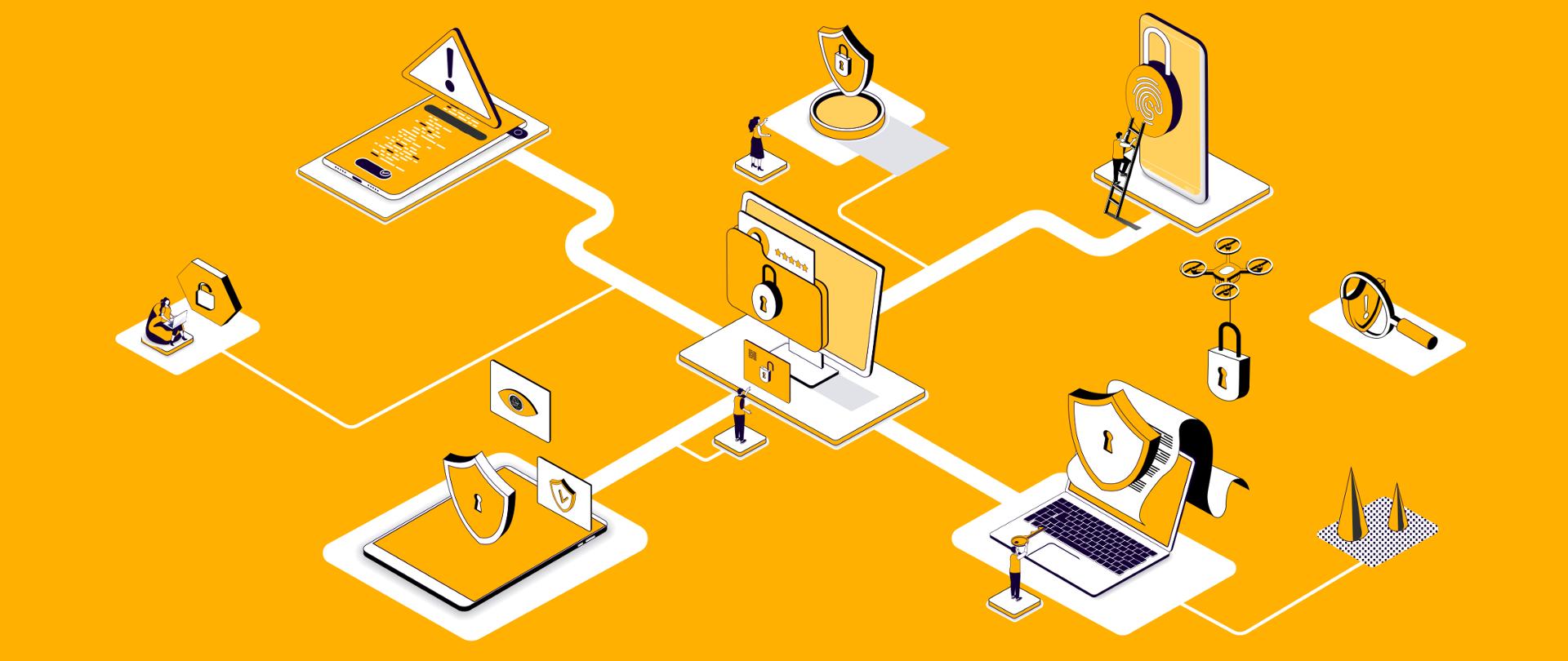 Żółta grafika na niej graficzne przedstawienie sprzętu komputerowego (laptopy, tablety, smartfony). Na nich symbole tarcz, kłódek, znak ostrzegania z wykrzyknikiem. 