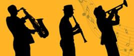 Na tle w kolorze żółtym widnieją postaci trzech muzyków ( w kolorze czarnym) grających na saksofonie, trąbce i klarnecie.