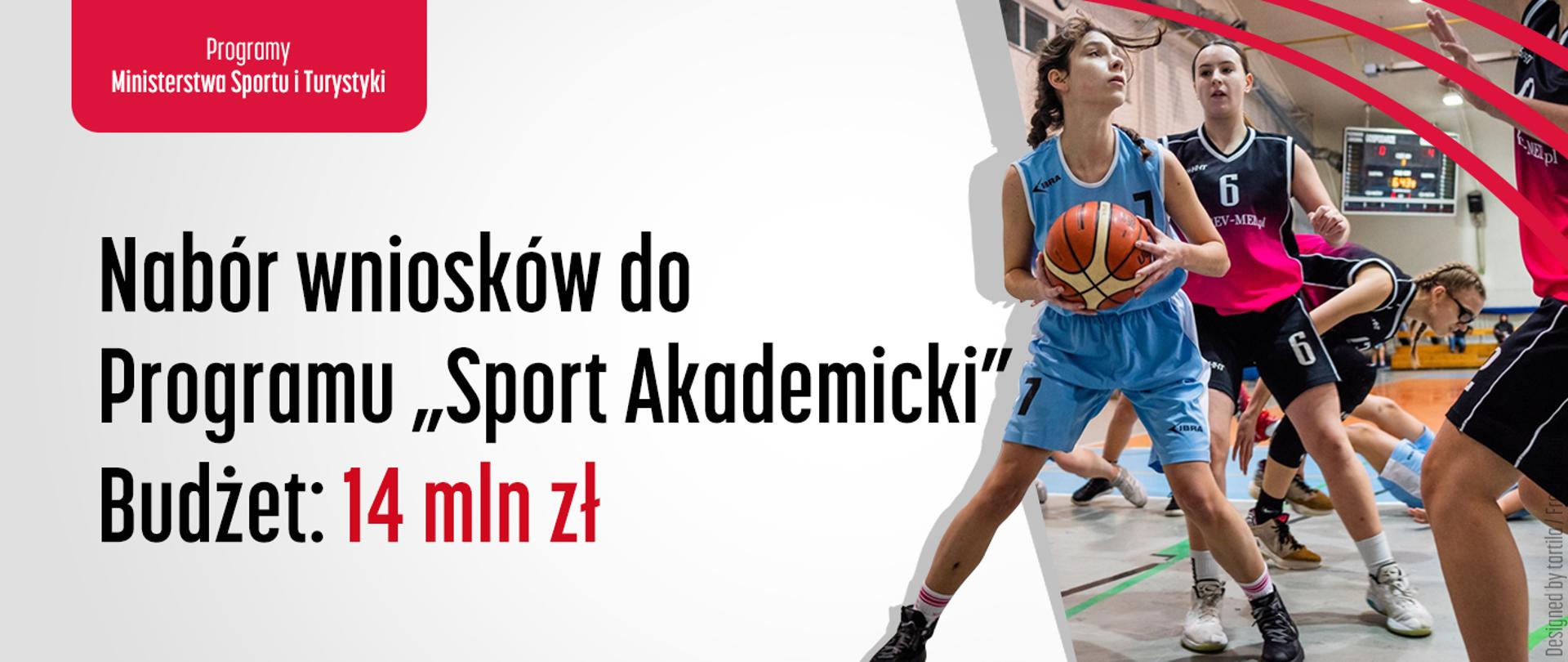 Na grafice znajdują się napisy: „Nabór wniosków do Programu Sport Akademicki. Budżet: 14 mln zł” oraz „Programy Ministerstwa Sportu i Turystyki”. Po prawej stronie grafiki znajdują się sylwetki koszykarek.
