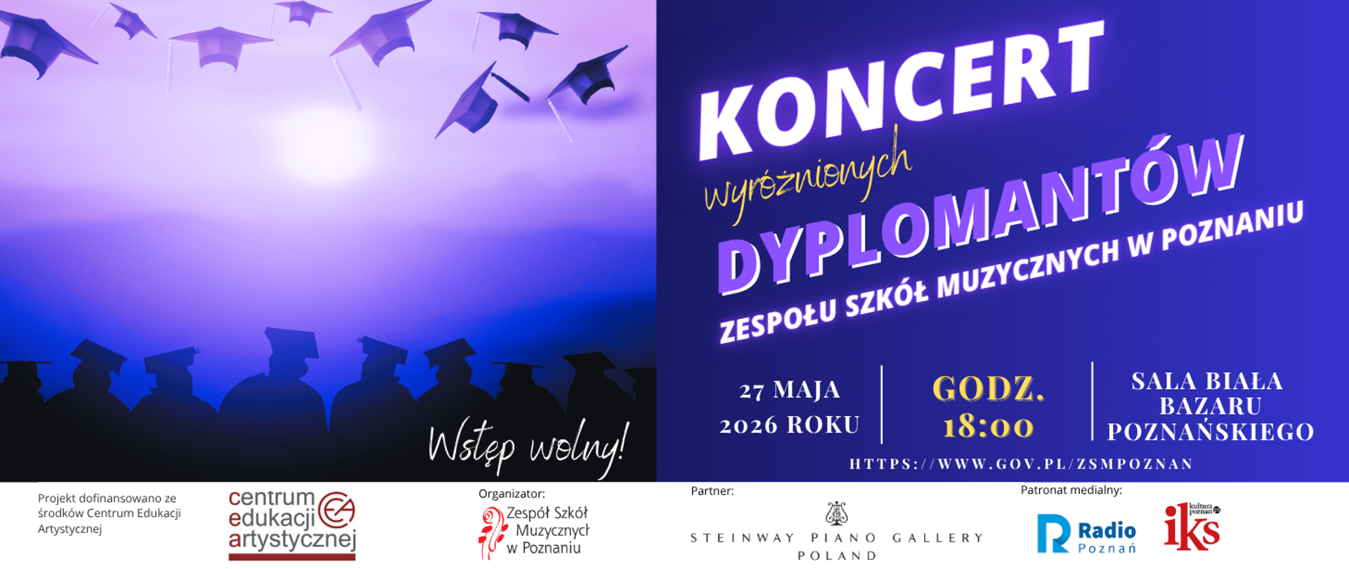 Plakat na fioletowym tle z grafiką siedzących maturzystów w togach. Koncert wyróżnionych DYPLOMANTÓW Zespołu Szkół Muzycznych w Poznaniu 27 maja 2025 godz. 18:00 sala Biała Bazaru Poznańskiego