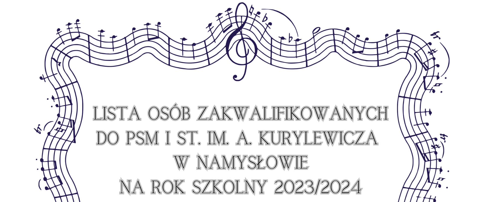 Plakat z białym tłem, na środku zapis " Lista osób zakwalifikowanych do PSM I st. im. A. Kurylewicza w Namysłowie na rok szkolny 2023/2024" otoczony czarną pięciolinią \z nutami.