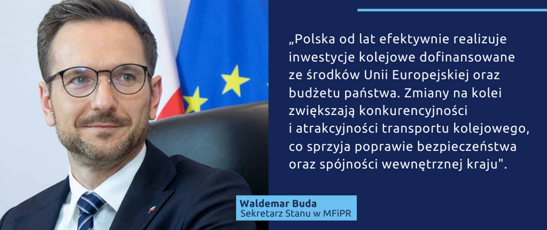 Po lewej zdjęcie twarzy wiceministra Waldemara Budy. Po prawej cytat: "W ramach Funduszy Europejskich na lata 2014-2020 podjęto już realizację 95 052 projektów i nadal przybywają nowe. Z najciekawszymi pomysłami można zapoznać się w serwisie Mapa dotacji UE, który został uruchomiony z myślą o osobach poszukujących informacji na temat przedsięwzięć współfinansowanych z pieniędzy unijnych."