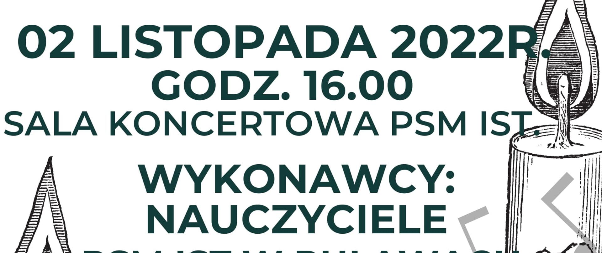 Biało-czarny plakat koncertu, na górze i na dole znajduje się klawiatura fortepianu, a tle nuty a po bokach dwie świeczki