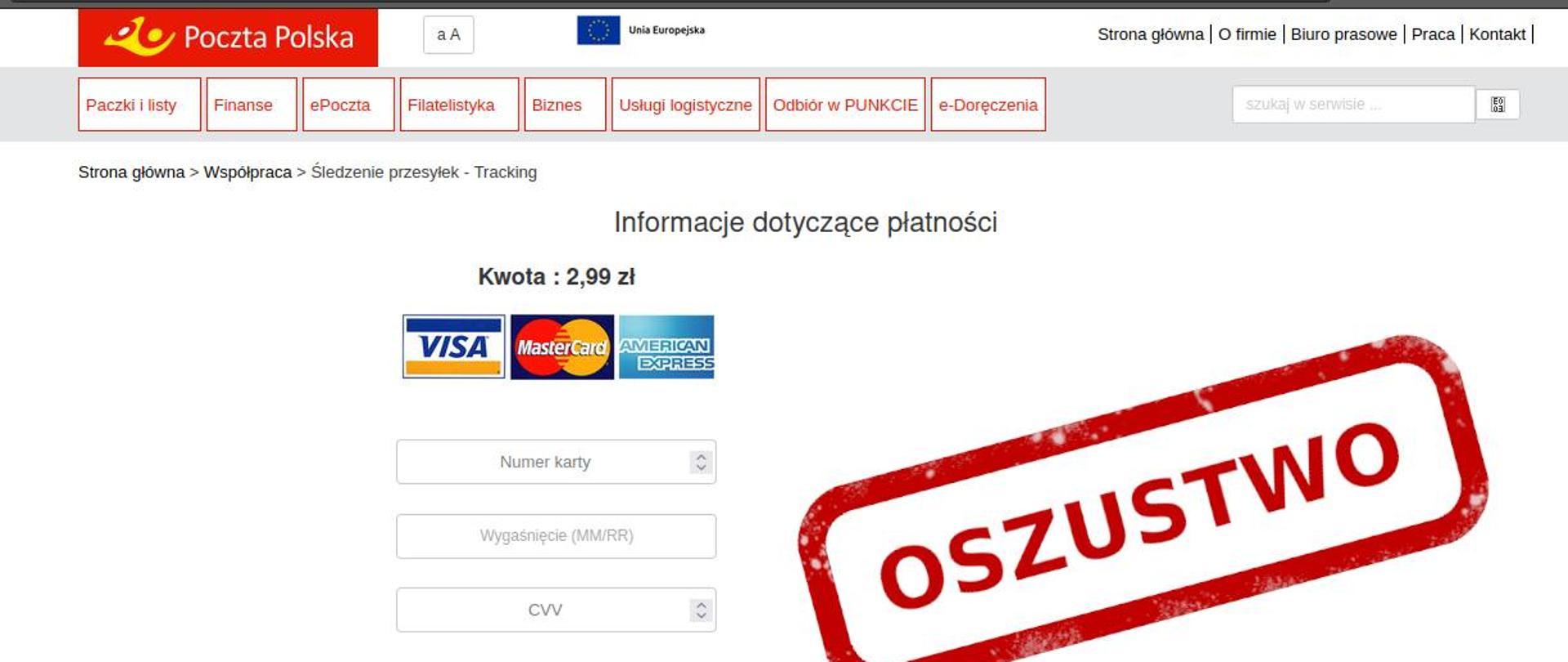 Zdjęcie fałszywej strony internetowej wykorzystującej wizerunek Poczty Polskiej , po prawej stornie napis oszustwo