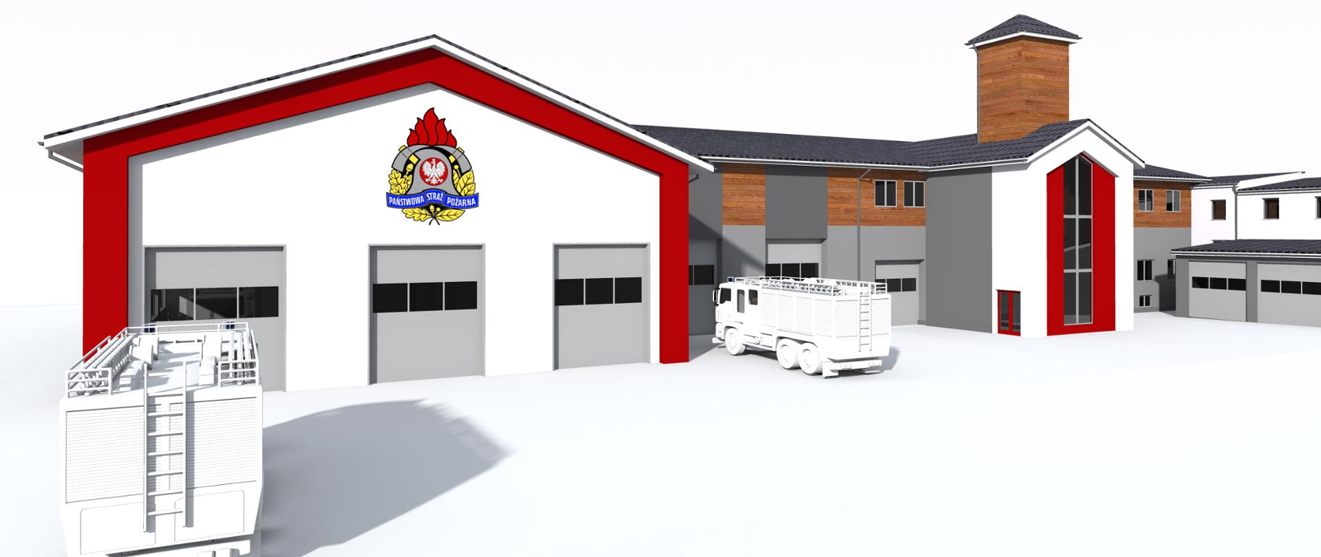 Na zdjęciu widać wizualizację obiektu Komendy Powiatowej Państwowej Straży Pożarnej w Jarosławiu. Widoczna jest zachodnia strona budynku, która została powiększona o nowe stanowiska garażowe. Całość wykonana została w programie komputerowym.
