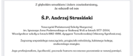 Kartka na białym tle informująca, że zmarł Ś.P. Andrzej Strusiński, Nauczyciel. Wicedyrektor, Dyrygent, informacja o pogrzebie i ostatnim pożegnaniu. 
