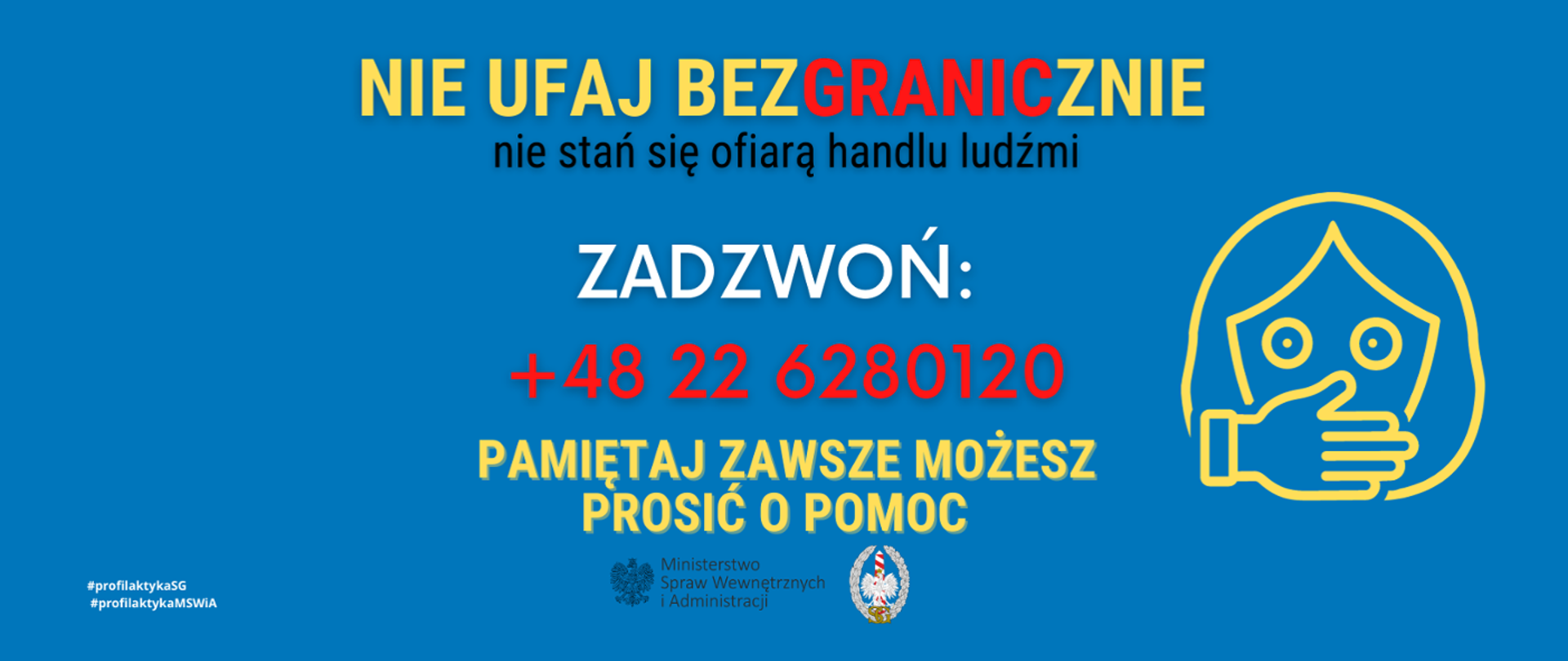 Plakat na niebieskim tle dotyczący handlem ludźmi z numerem telefonu i innymi informacjami