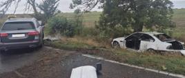 Miejsce wypadku drogowego. Uszkodzony biały samochód znajduje się poza jezdnią pod drzewem, a na drodze stoi samochód z oznaczeniem TAXI. Na jezdni i poboczu widoczne są elementy uszkodzonych pojazdów.