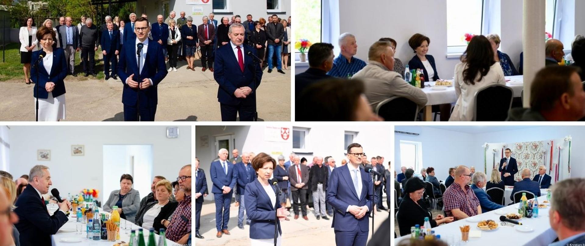 kolaż zdjęć z wizyty premiera Morawieckiego i minister Maląg. Pięć zdjęć na których widoczne są osoby biorące udzial w spotkaniu.