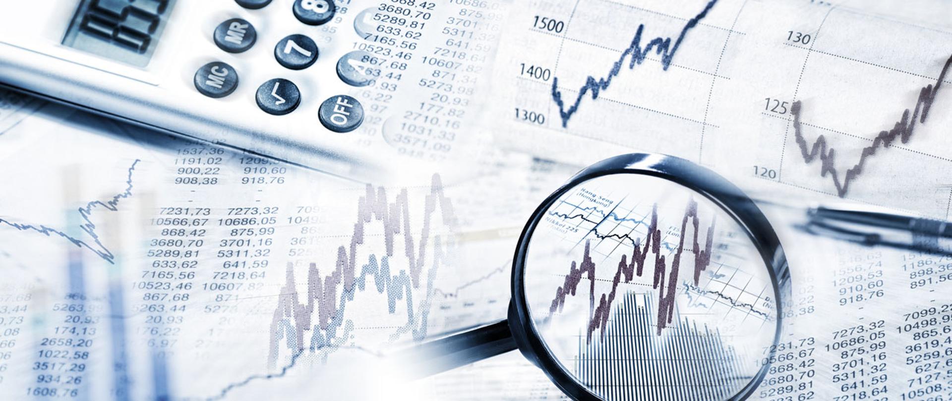 Lupa, długopis, kalkulator, wykresy.