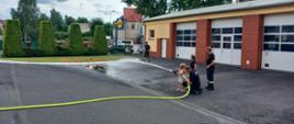 Strażacy wraz z dziećmi przy pomocy prądu wody przewracają pachołki.